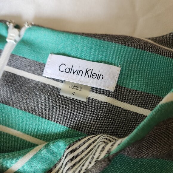 Calvin Klein Size 4 Striped Sheath Dress - Green Gray White + Gold Belt - Picture 5 of 13